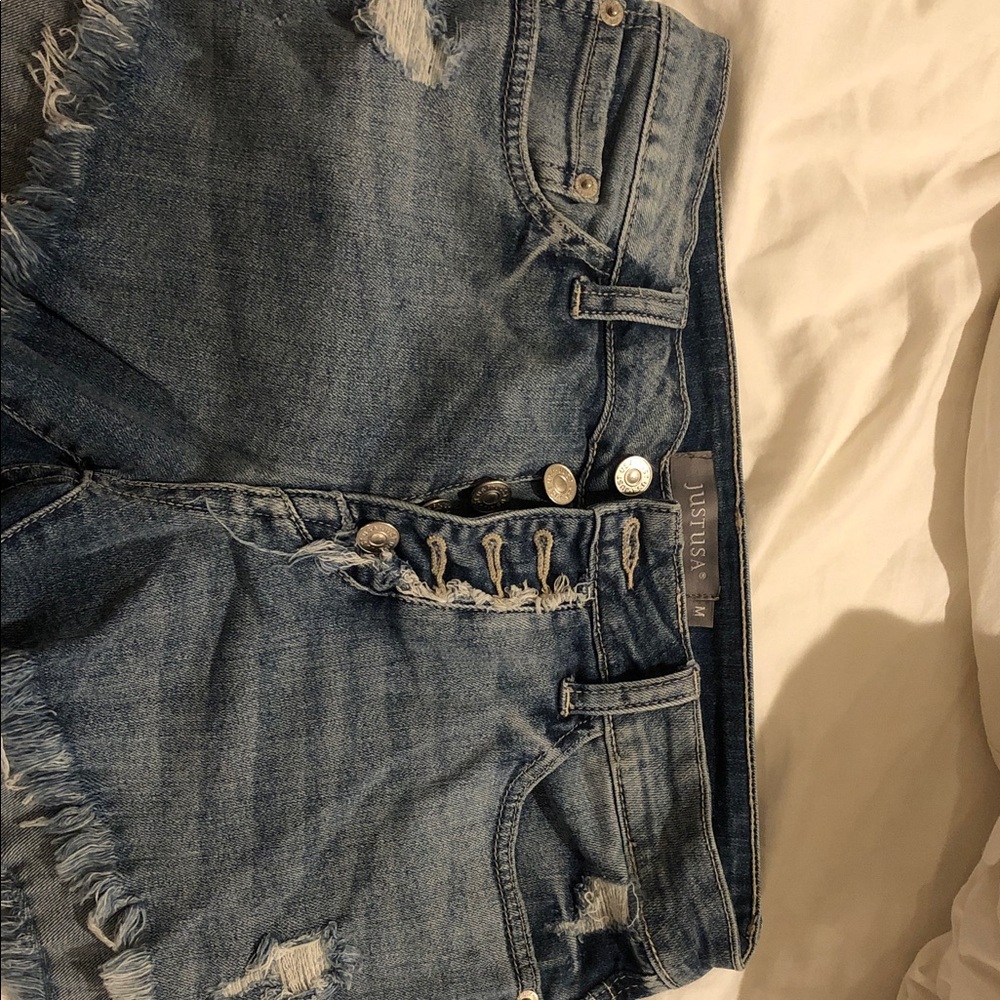 Just USA Button-Fly Distressed Denim Shorts - Blue